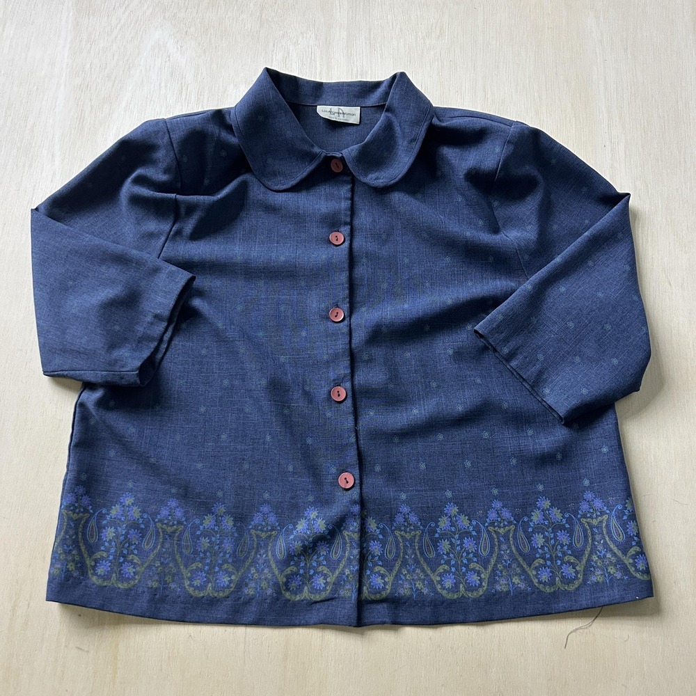 Los Angeles Woman Blouse Womens 1X Blue Floral Border Print Button 3/4 Sleeve